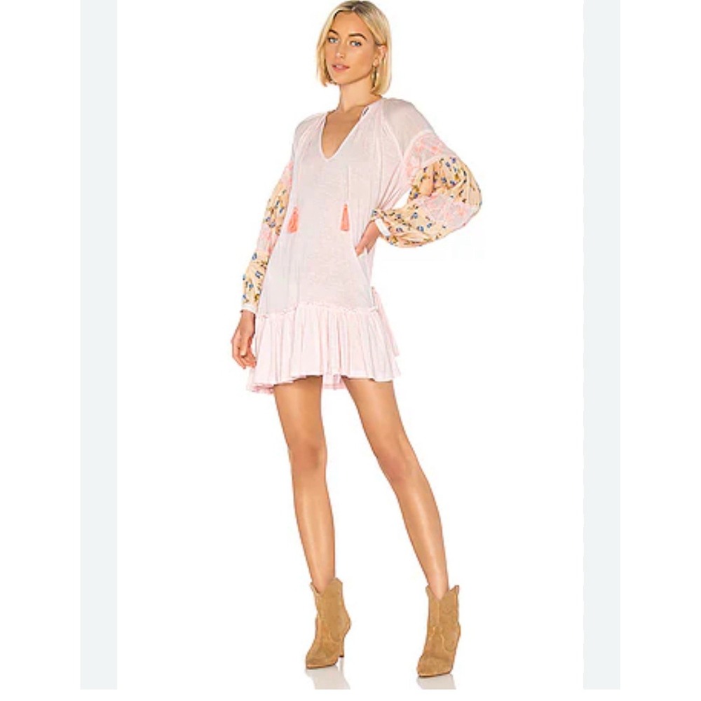 Free People Mix It Up Dress Pink Puff Sleeve V Neck Linen‎ Blend Tassel Boho XS